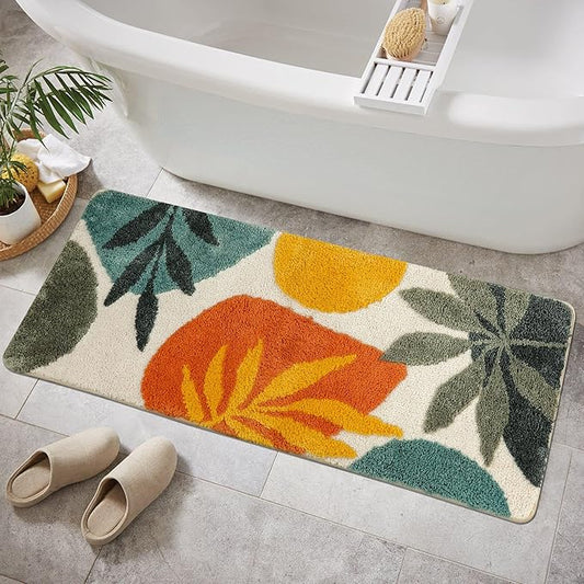 Uphome Bathroom Runner Rug Colorful Abstract Leaves Long Bath Mat Non Slip Water Absorbent Boho Bath Rug Soft Microfiber Machine Washable Floor Mats for Tub Bathroom Indoor Doormat,18"x47"