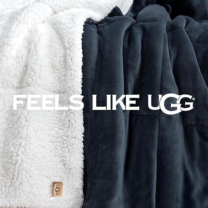 UGG Nita Throw Blanket Soft Reversible Plush Throw for Couch or Bed Washable Warm Fluffy Blanket for College Dorm Room Essentials and Bedding with Down Alternative Fill, 50-inch x 70-inch, Navy Blue
