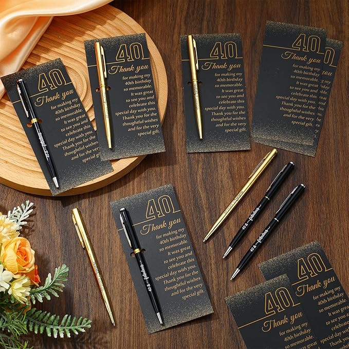25 Sets 40th Birthday Themed Party Favors for Guests Including Birthday Ballpoint Pens and Black Gold Thank You Cards for Guests New Year Anniversary Appreciation Gifts