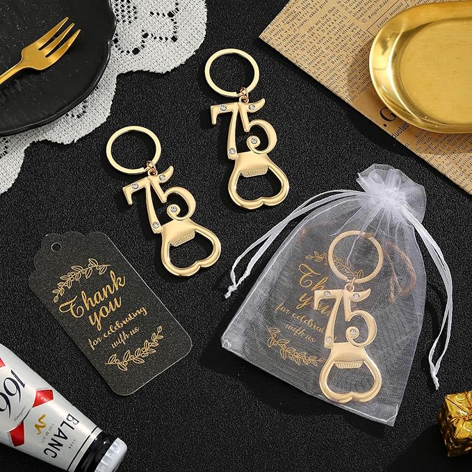 24 pcs 75th Gold Keychain Bottle Opener Birthday Party Favors for Guests,75th Beer Bottle Opener Favors Bulk for Birthday Anniversary Souvenirs Party Decor Supplies (Gold 75th)