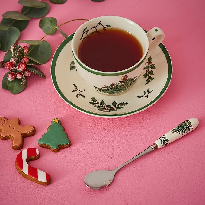 Spode Christmas Tree Teaspoons – Set of 6, Holiday Silverware for Desserts & Beverages, Stainless Steel Flatware with Porcelain Handles, 6-Inch Festive Dessert Spoons, Gift-Boxed