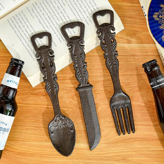 Sungmor Cast Iron Utensil Wall Décor Set with Bottle Opener - Vintage Fork, Spoon & Knife Wall Sculpture - Set of 3 Rustic Hanging Accents for Kitchen, Dining Room or Bar