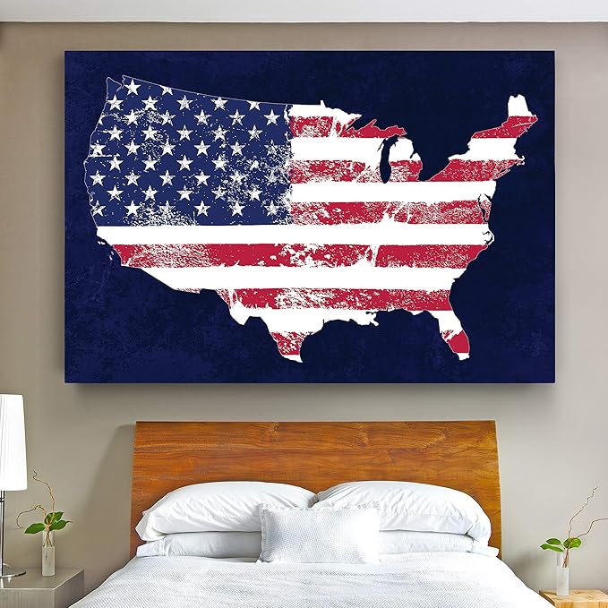 Renditions Gallery Nature Wall Art Paintings Window View Prints Vintage Faded American Flag Glam Patriotic Modern Blue American Map Decorations for Bedroom Office Kitchen - 30"x40" LT25