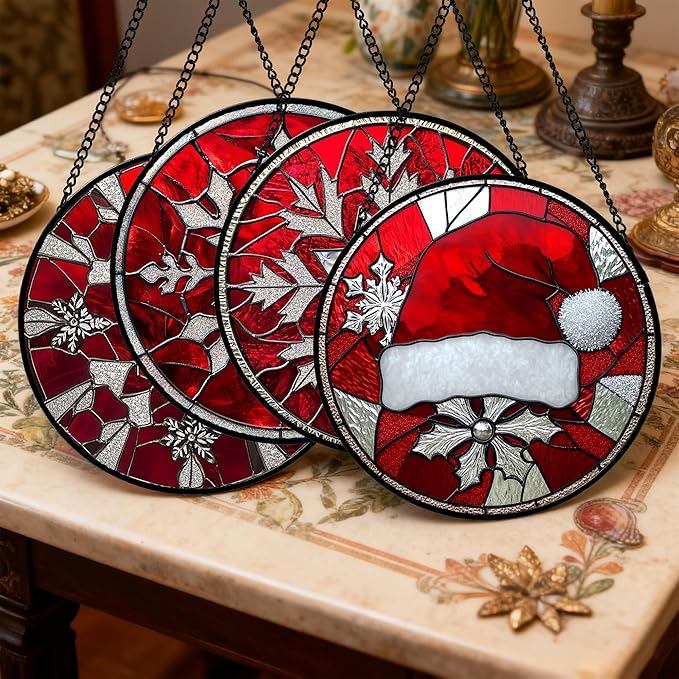 Stained Glass Window Hanging 4 Pcs Set Red Christmas Decorations Theme 7.8" - Suncatcher Door Garden Sun Catcher Decor Birthday for Mom Woman Nana Men Friend Wife