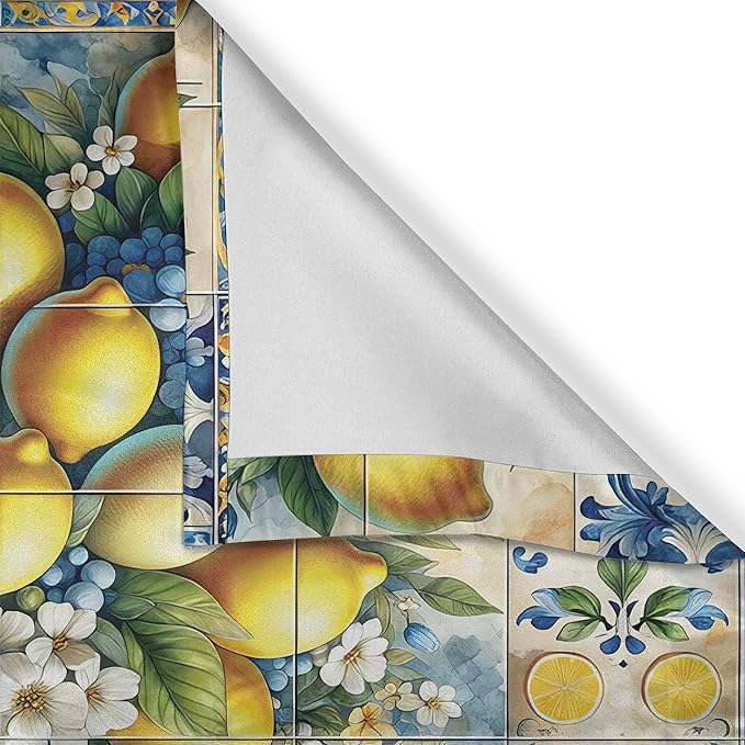 Ambesonne Mediterranean Valance & Tier Curtain 3 pcs Set, Lemons Classic Mosaic Motifs Traditional Italian Portuguese Summer, Window Treatments for Kitchen Room Decor, 55" x 45", Blue Yellow and Green