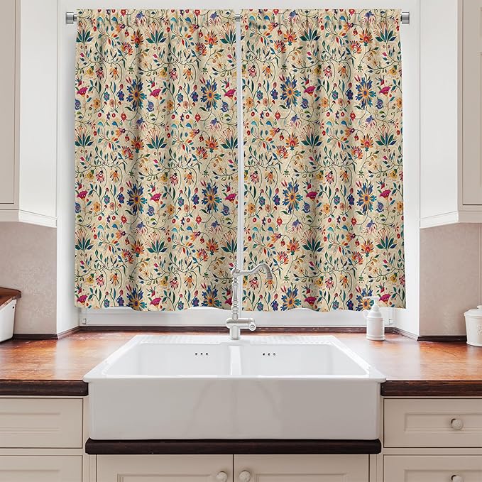Ambesonne Balkan Folk Kitchen Curtains, Fun Traditional Balkan and Slavic Craft Floral Folklore Style Print, Window Drapes 2 Panel Set for Kitchen Cafe Decor, 55" x 24", Blue Orange Multicolor