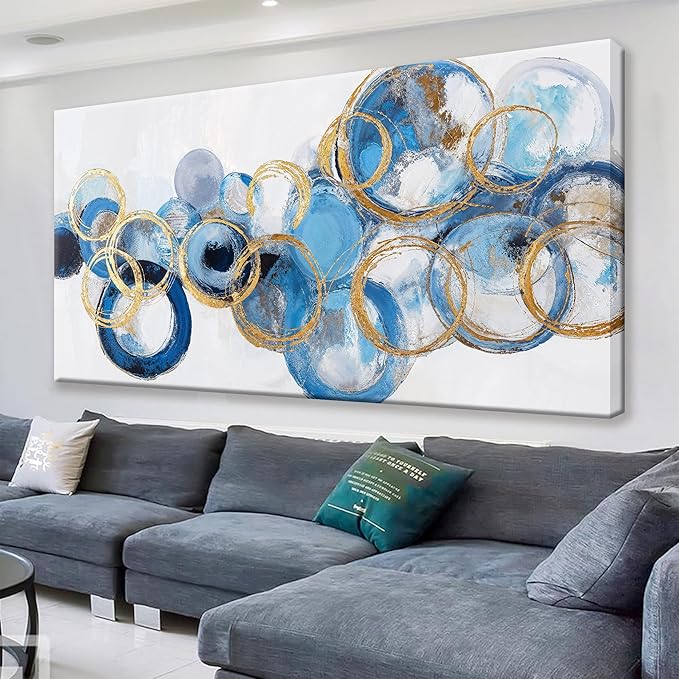 Suconvng Large Abstract Wall Art For Living Room Modern Canvas Decorations Maximalist Blue Gold Circle Canvas Wall Art Decor Prints Artwork Bedroom Kitchen Office Home Wall Artwork 29" × 58"