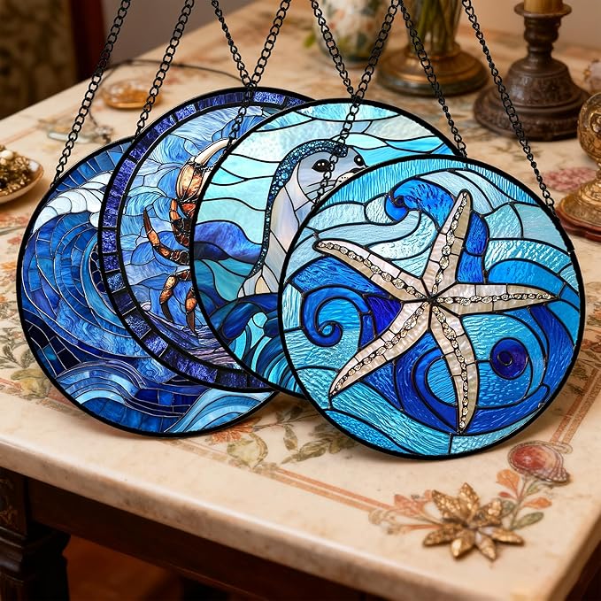 Stained Glass Window Hanging 4 Pcs Set Blue Ocean Waves Large 15" - Starfish Crab Seal Suncatcher Door Garden Sun Catcher Decor Birthday for Mom Woman Nana Men Friend