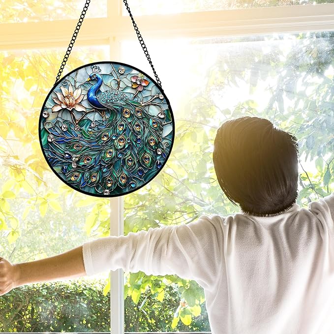 Stained Glass Window Hanging, Blue Peacock Decoration Suncatcher for Door Garden Home Flower Bird Sun Catchers Christmas Mother's Day Birthday Gifts for Women Men Mom Nana Friend 11.8 in