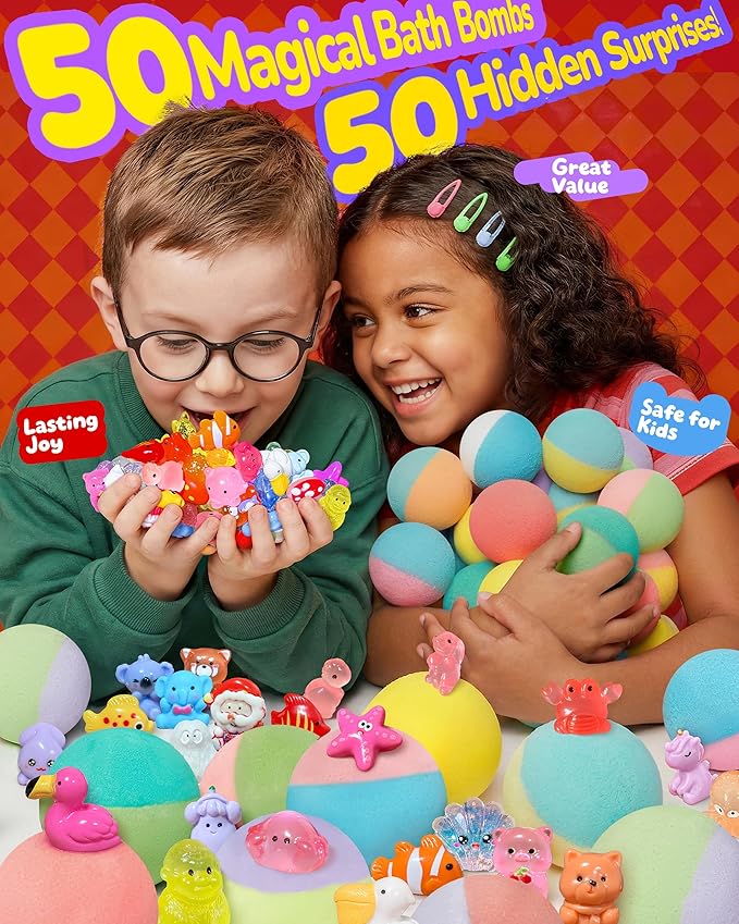 50 Pack Bath Bombs for Kids with Surprise Inside, Some Glow-in-The-Dark Toys, Natural Kid-Safe Handmade Fizzy Bath Balls, Fun Gift Set for Boys & Girls, Great for Christmas or 2025 Advent Calendar