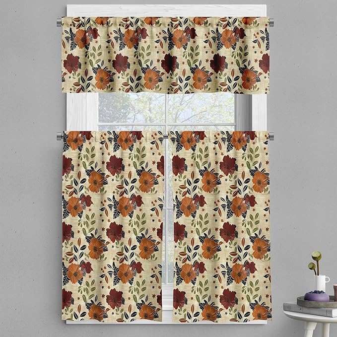 Ambesonne Floral Valance & Tier Curtain 3 pcs Set, Vintage Farmhouse Repetitive Flowers on Warm Tones on Brush Paint Back, Window Treatments for Kitchen Room Decor, 55" x 36", Maroon Amber Grey Yellow