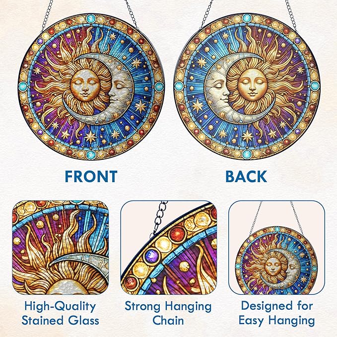 FLAGWIX Spiritual Gifts for Women Men - Stained Glass Window Hanging 8 in for Sun and Moon Decor - Sun Catchers Indoor Window, Boho Suncatchers for Celestial Decor