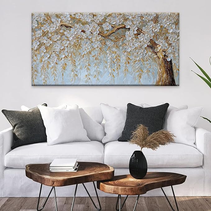 Suconvng Wall Art Living Room Flower White Tree Wall Art Modern Canvas Art Wall Decor Home Wall Decor Suitable Picture For Bedroom Apartment Office Can Be Hung 24" X 48"