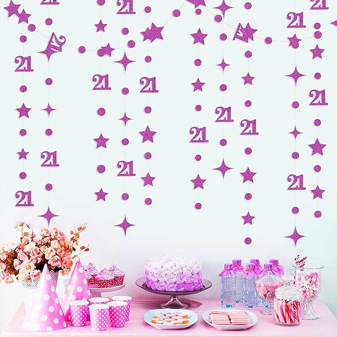 Purple Number 21 Circle Dot Twinkle Star Garland Glitter Hanging Streamer Bunting Banner Backdrop Decoration for Girls Boys 21st Birthday Finally Legal Twenty One Anniversary Wedding Party Supplies