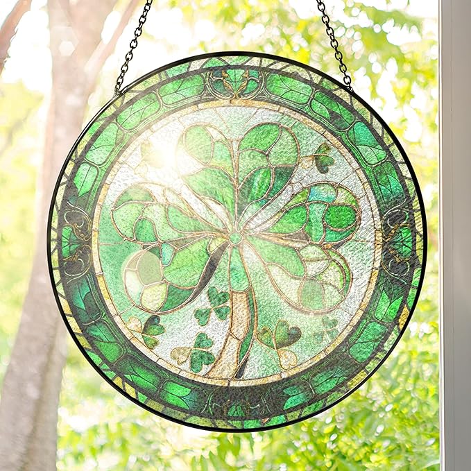 FLAGWIX Christmas Irish Gifts for Women Men - 100% Stained Glass Hanging Suncatcher 6 in - Birthday Christmas Irish Decorations for Family Friends, Shamrock Home Decor, St Patricks Day Decorations