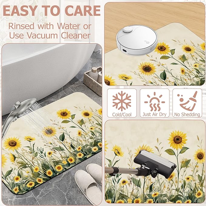 Yellow Floral Bath Mat,Sunflower Daisy Diatomaceous Earth Bath Mat,Rubber Backing Quick Dry Absorbent Washable Bathroom Rugs for Tub Non Slip 17"x29.5"