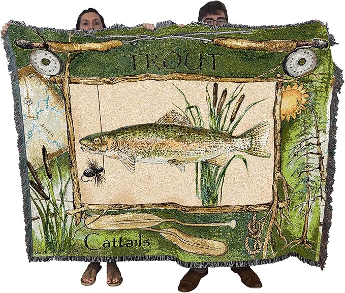 Pure Country Weavers Fisherman's Catch Trout Blanket by Anita Phillips - Lake Lodge Cabin Gift Tapestry Throw Woven from Cotton - Made in The USA (72x54)