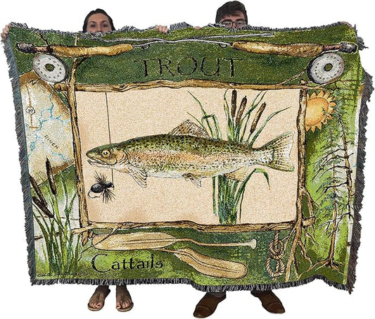 Pure Country Weavers Fisherman's Catch Trout Blanket by Anita Phillips - Lake Lodge Cabin Gift Tapestry Throw Woven from Cotton - Made in The USA (72x54)