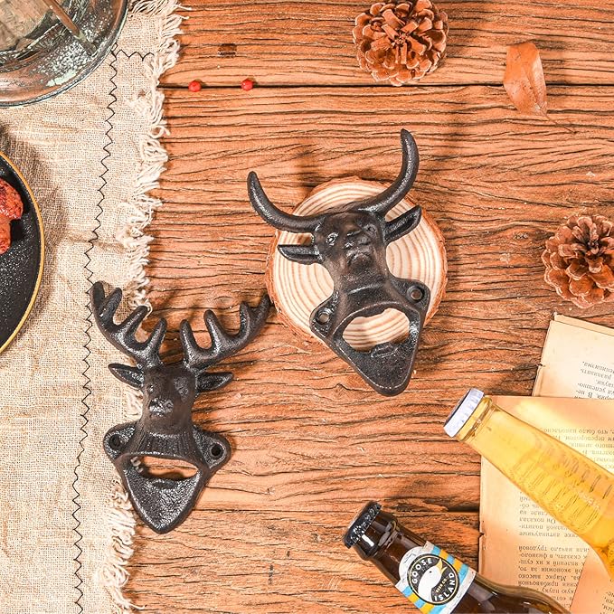 Sungmor Wall Mounted Bottle Opener, Cast Iron Cool Bull Head Bottle Opener, Beer Coke Beverage Bottle Cap Opener, Vintage Rustic Style Wall Hanging Opener, Bar Farmhouse Wall Ornament, Practical Gift