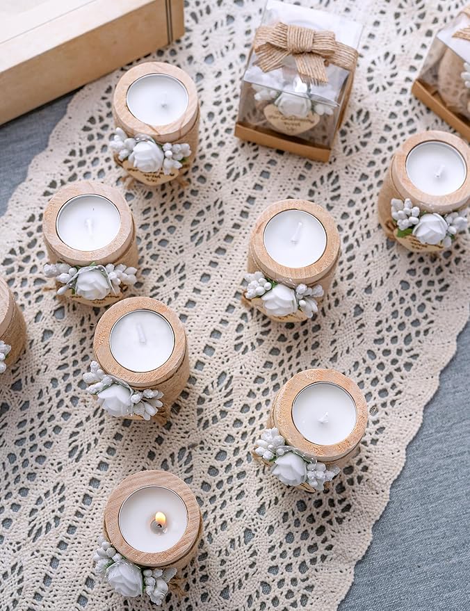 Ju's Favors 10 Piece Set of Wooden Tealight Candle Holders, Wedding Party Guest Favors, Thank You Favors, Guest Return Favors, Bridal Shower, Housewarming Gifts for Guests. (Light Brown+Rose)
