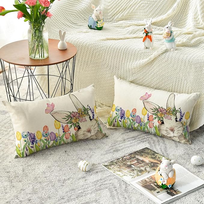 AVOIN colorlife Easter Floral Tulip Garland Bunny Throw Pillow Cover, 12 x 20 Inch Spring Rabbit Holiday Cushion Case Decoration for Sofa Couch Set of 2