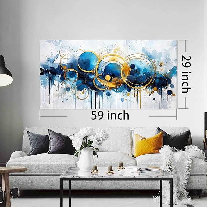JKWALL77 Big Abstract Canvas Wall Art for Living Room - Blue Modern Wall Decor Ready to Hang Size 29" x 59"