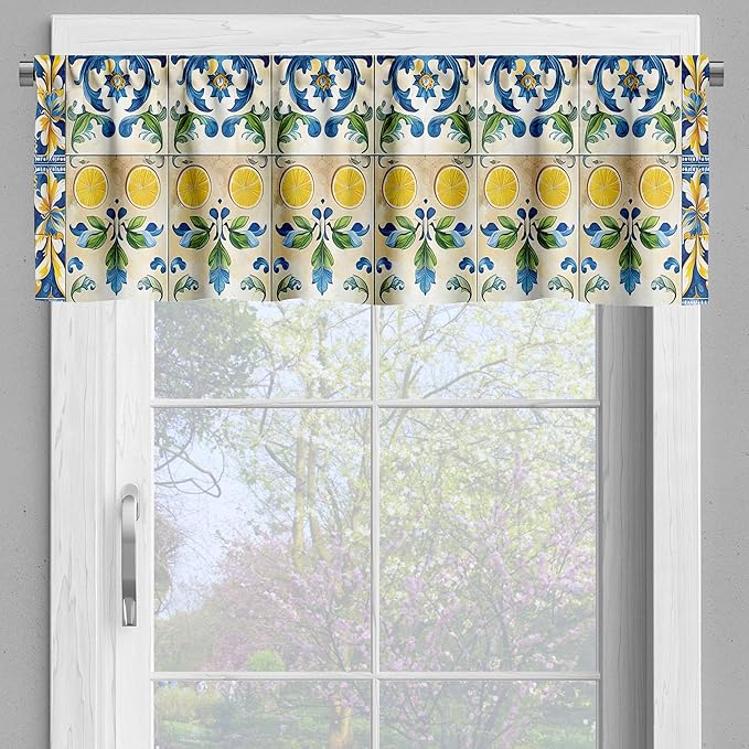 Ambesonne Mediterranean Window Valance Pack of 2, Checkered Abstract Modern Curlicue Leaves and Lemons Art Oriental, Rod Pocket Curtain Valances Kitchen Bedroom, 42" X 18",Blue Yellow and Green