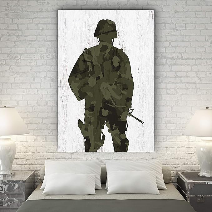 Renditions Gallery Canvas Figurative Wall Art Modern Paintings Decorations Military Soldier Silhouette Abstract Green Black American Patriotic Artwork for Bedroom Office Kitchen - 30"x40" LT25