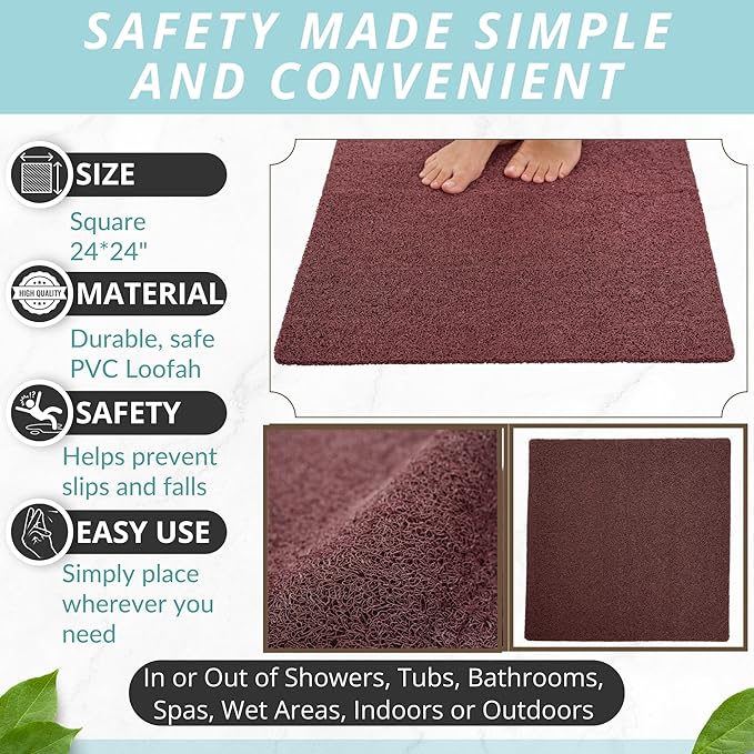 Enkosi Loofah Shower Mat Non-Slip - Anti-Slip Bath Mat for Inside Showers, Tub, Bathtub, Bathroom - Quick Dry PVC with Drain Holes - Cushioned Safety Grip - Secure for Kids and Elderly (Brown 24x24)