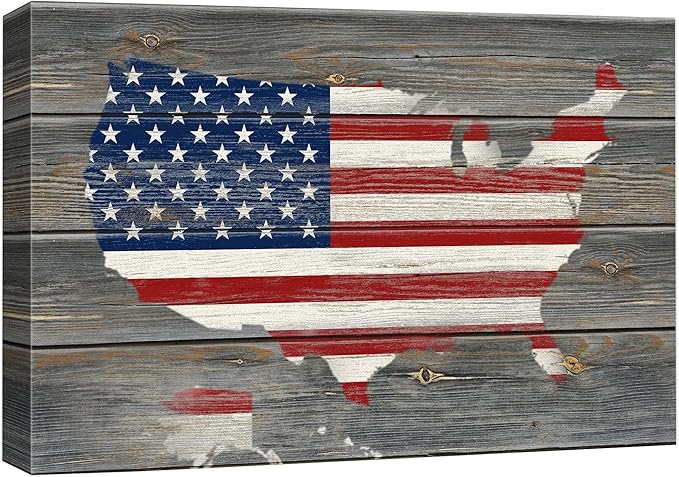wall26 Canvas Print Wall Art American Flag Over United States Map on Wood Panel Architecture & Maps Cultural Illustrations Modern Art for Living Room, Bedroom, Office - 24"x36"