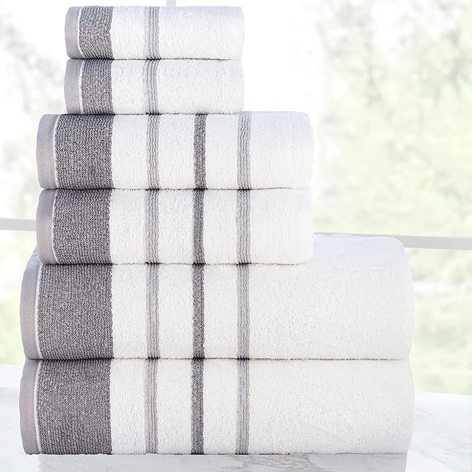 CASA COPENHAGEN White Bay, 6 Pieces Towel Set- White with Dark Grey and Grey Violet Border, 600 GSM, 2Bath, 2Hand, 2Washcloths Egyptian Cotton Towel for Hotel Spa Kitchen Bathroom Kitchen & Shower