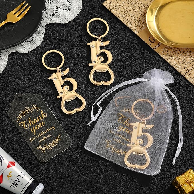 24 pcs 15th Gold Keychain Bottle Opener Birthday Party Favors for Guests,15th Beer Bottle Opener Favors Bulk for 15 Birthday Anniversary Souvenirs Party Decor Supplies (Gold 15th)