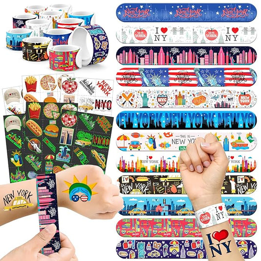 96 PCS New York Party Favors Set – 72 Pre-Cut Temporary Tattoos & 24 Slap Bracelets, Perfect for Travel Parties & City-Themed Celebrations