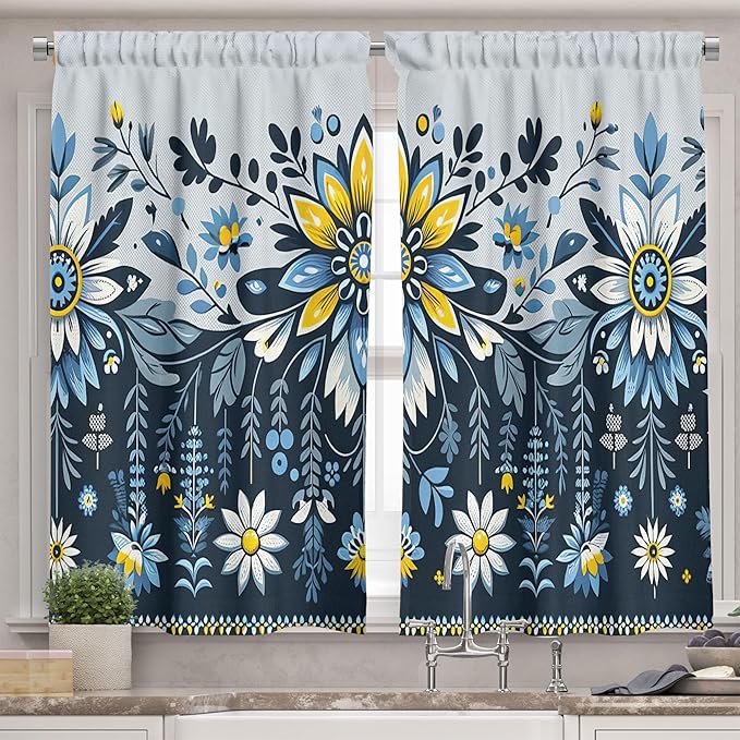 Ambesonne Farmhouse Valance & Tier Curtain 3 pcs Set, Ethnic Flower and Leafy Branch Ornaments with Barn Rooster Field Garden Print, Window Treatments for Kitchen Room Decor, 55" x 45", Blue Yellow