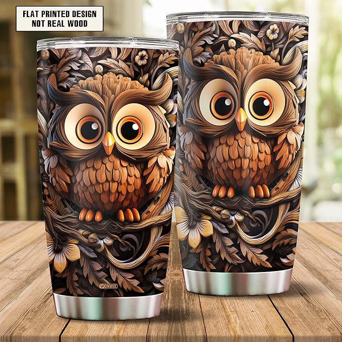 Owls Gifts for Women Girl 20oz Stainless Steel Insulated Tumbler Owl Wood Drawing Coffee Travel Mug Cup Water Bottle Gift for Her Mom Wife Daughter Birthday Christmas