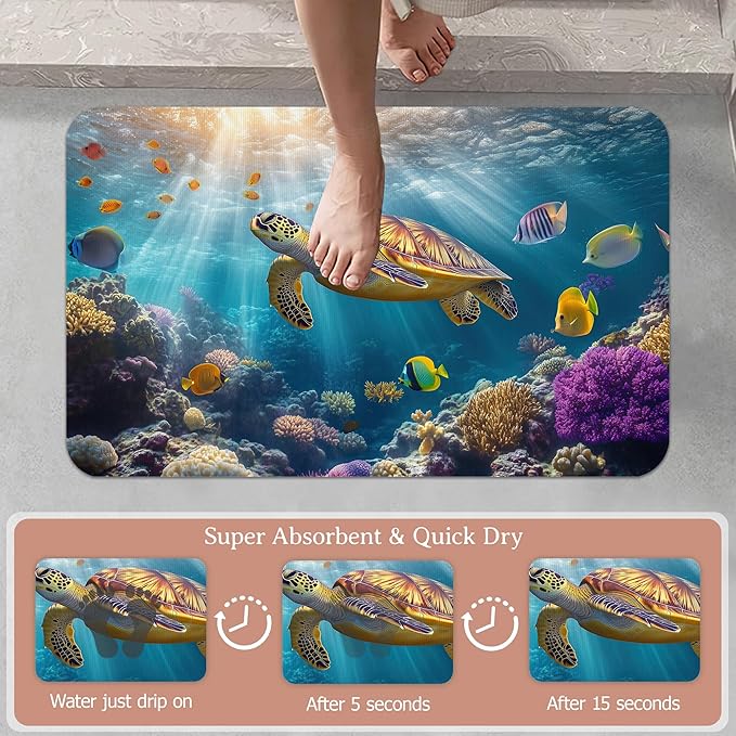 Diatomaceous Earth Bath Mat,Sea Turtle Bath Rugs,Fish Coral Colorful Non-Slip Thin Absorbent Fast Drying Easy to Clean for Bathroom Laundry Home Kitchen Door Mat 17x29.5Inch