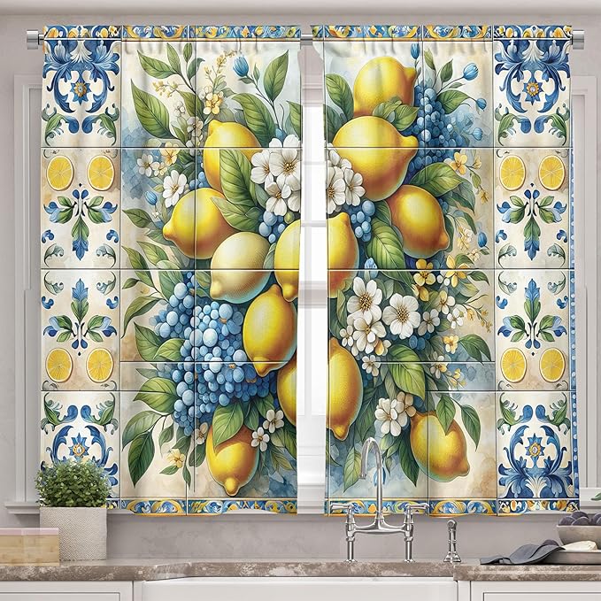Ambesonne Mediterranean Valance & Tier Curtain 3 pcs Set, Lemons Classic Mosaic Motifs Traditional Italian Portuguese Summer, Window Treatments for Kitchen Room Decor, 55" x 45", Blue Yellow and Green