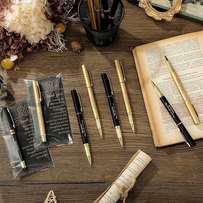 50 Set 80th Birthday Party Favor for Guest Anniversary Party Favor with Black and Gold Ballpoint Pens and Thank You Cards for Women Men Birthday Anniversary Appreciation Gifts