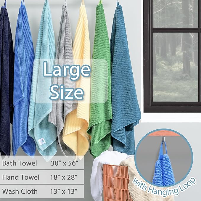 VOOVA & MOVAS 3PCS Bathroom Towels, 100% Cotton, Quick Dry, Thick, Soft, 1PC Stripe Bath Towel 30"x54", White Hand Towel 18"x28", Gray Washcloth 13"x13", Bathroom Essentials