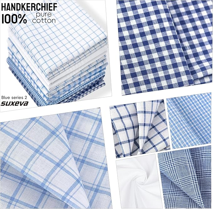Gifts Cotton Handkerchiefs 100% Soft Cotton 12-Pack White handkerchif and Blue cotton handkerchief for Men and Women