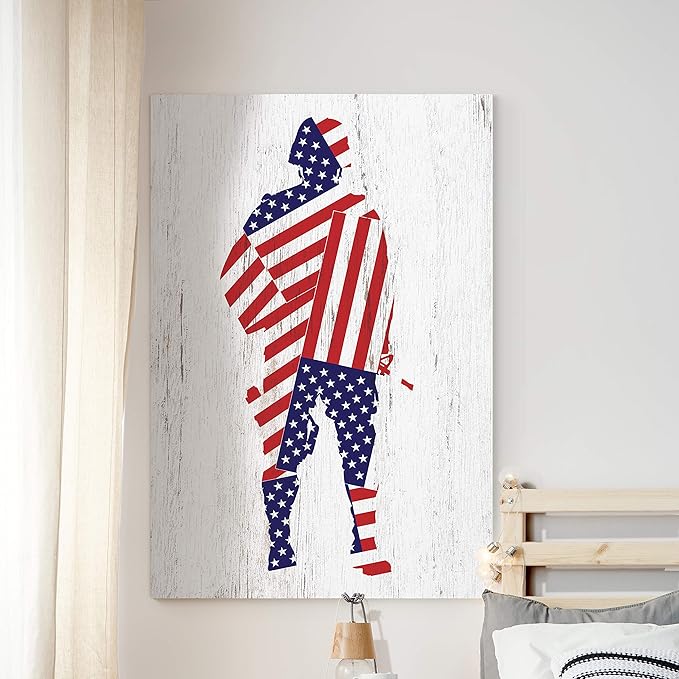 Renditions Gallery Canvas Patriotic Wall Art Home Paintings & Prints Draped American Flag Modern Soldier Canvas Wall Hanging Decorations for Bedroom Office Kitchen - 16"x20" LT25