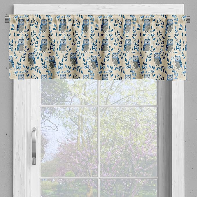 Ambesonne Owl Window Valance, Simple Design Classic Oriental Night Birds Pattern Leafy Ornaments Print, Curtain Valance for Kitchen Bedroom Decor with Rod Pocket, 42" x 18", Dark Night Blue and Beige