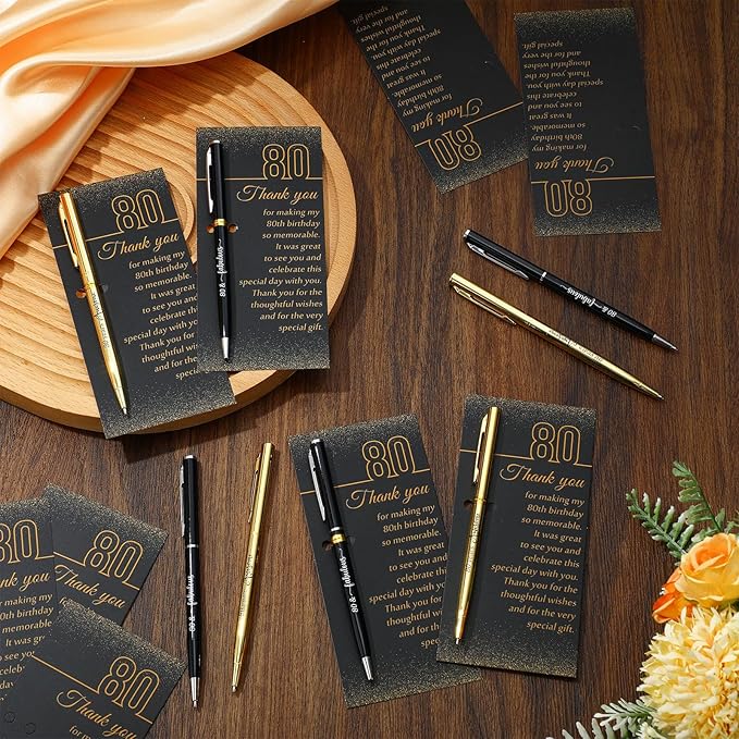 Feifeiy 25 Sets 80th Birthday Party Favors for Guests with Golden Birthday Ballpoint Pens and Thank You Cards for Men Women Anniversary Wedding New Year Gifts