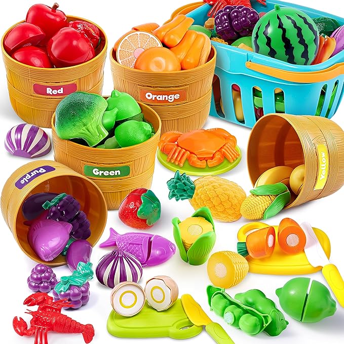 JOYIN Learning Toys Play Food Set for Toddlers, Cutting Food for Preschool Activities, Play Kitchen Accessories, Educational Toys, Color Sorting Set for Boys & Girls, Gifts for Christmas
