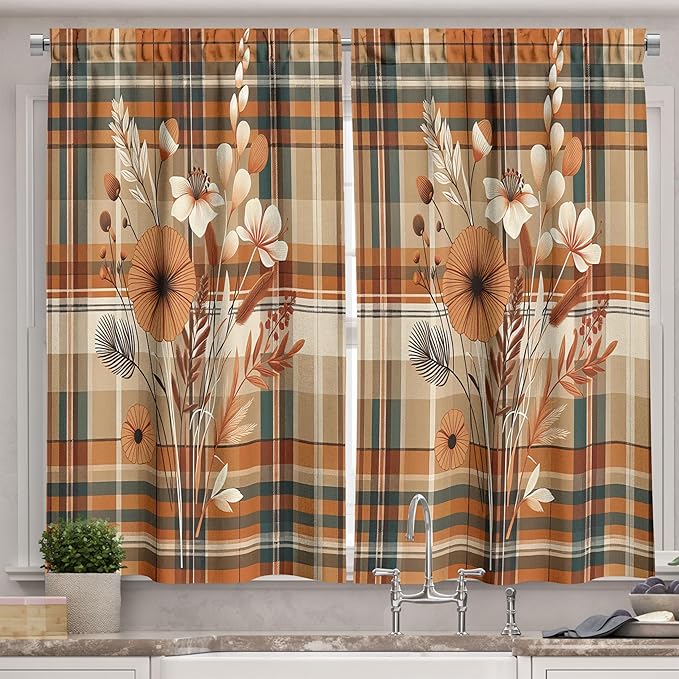 Ambesonne Modern Floral Kitchen Curtains, Autumn Harvest Tone Buffalo Plaid and Flower Huddle with Leaves, Window Drapes 2 Panel Set for Kitchen Cafe Decor, 55" x 30", Orange Tan Grey Teal