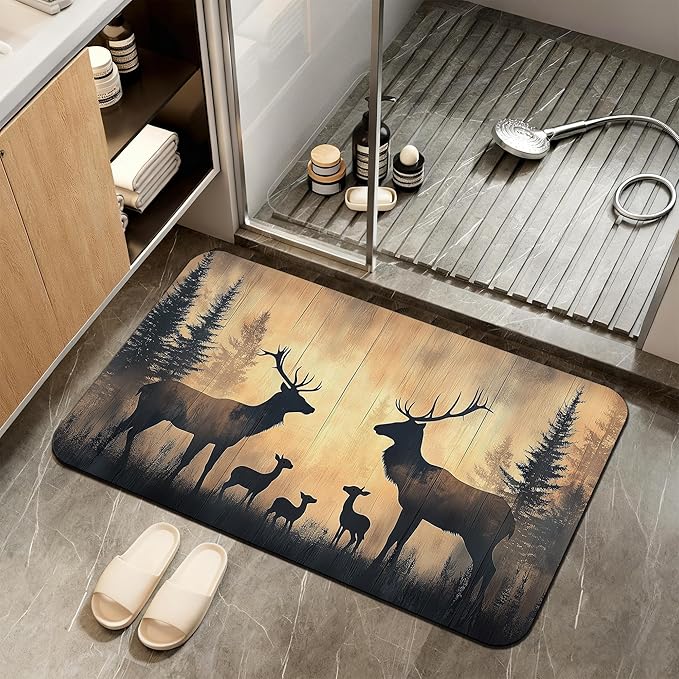 Non Slip Bath Mat,Deer Trees Bathroom Decor,Forest Diatomaceous Bath Mat Quick Dry Absorbent Bathroom Rugs-Shower Rug for Kitchen Laundry Bathtub Shower 17"x29.5"