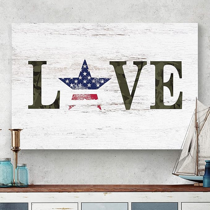 Renditions Gallery Canvas Patriotic Wall Art Modern Decorations Paintings Stary American Love Rustic Black & White Veteran Nationalistic Wall Hanging for Bedroom Office Kitchen - 16"x20" LT25