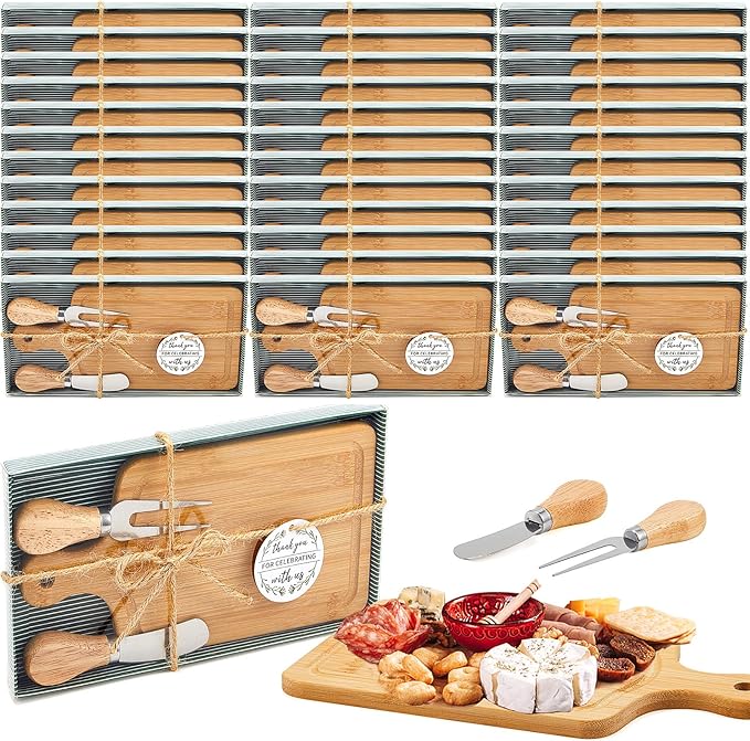 36 Set Bridal Baby Shower Cheese Prizes Wooden Square Board Gift Set Knives Forks Thank You Tags with Box for Guests for Valentines Bridal Baby Shower Housewarming Gifts (Bamboo Color)