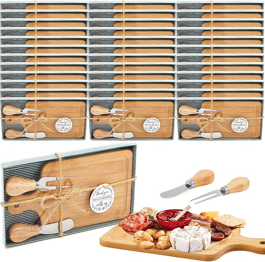 36 Set Bridal Baby Shower Cheese Prizes Wooden Square Board Gift Set Knives Forks Thank You Tags with Box for Guests for Valentines Bridal Baby Shower Housewarming Gifts (Bamboo Color)