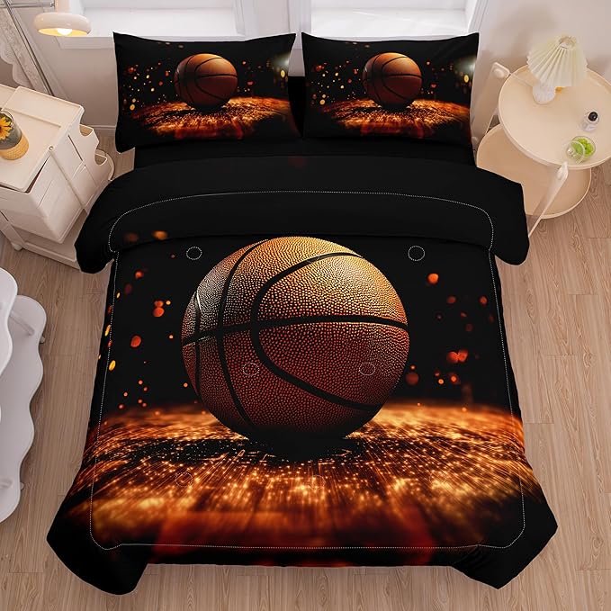 Helloosun 5PCS Basketball Bedding Full,Boys Sports Comforter Set,Full Basketball Comforter for Boys,Red and Black Court Bed Set